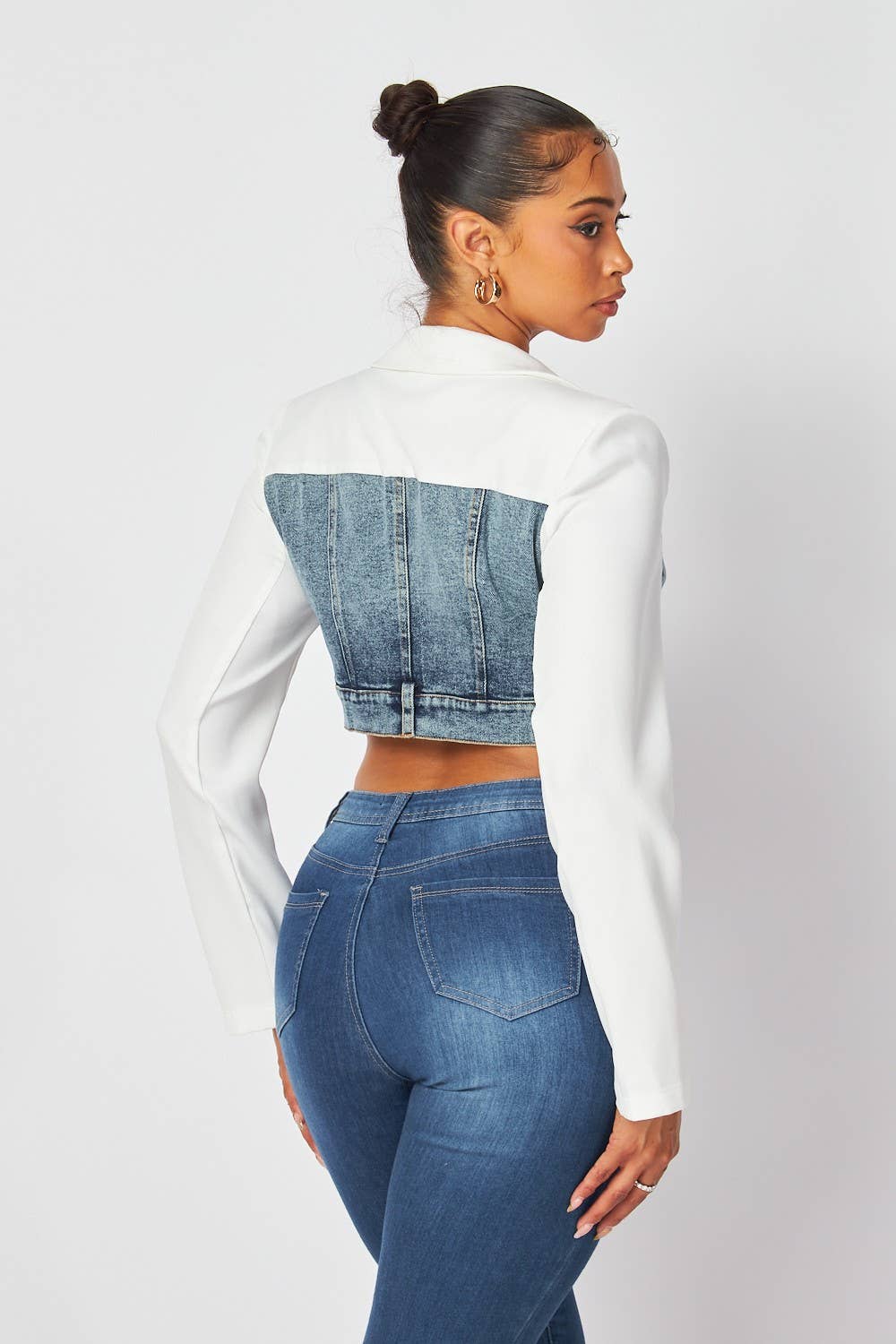 Women's Denim Hybrid Crop Jacket, Black Long Sleeve with Light Wash Denim Bodice, Front Zip Closure
