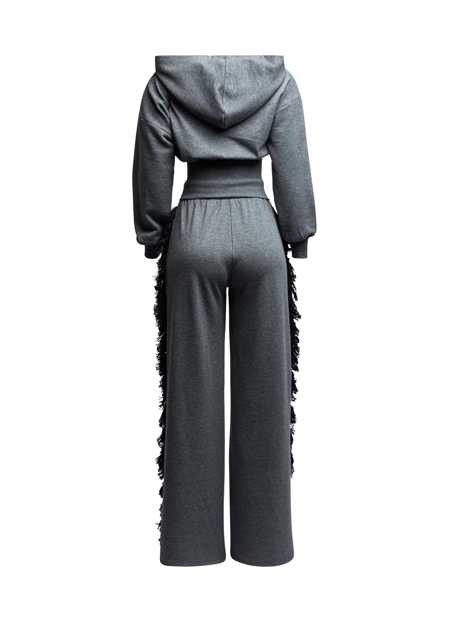 Women's 2-Piece Tracksuit Set, Zip-Up Hooded Jacket with Fringe Wide Leg Pants, Black