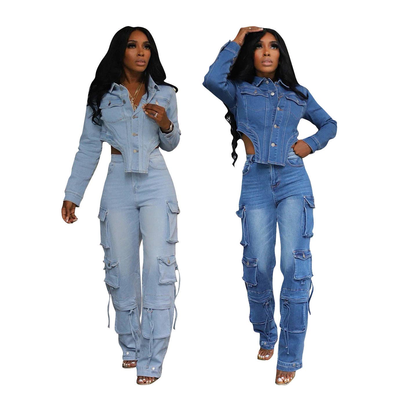 Women's Denim Two-Piece Set, Crop Top Button-Down Shirt with Cargo Jeans, Dark Blue