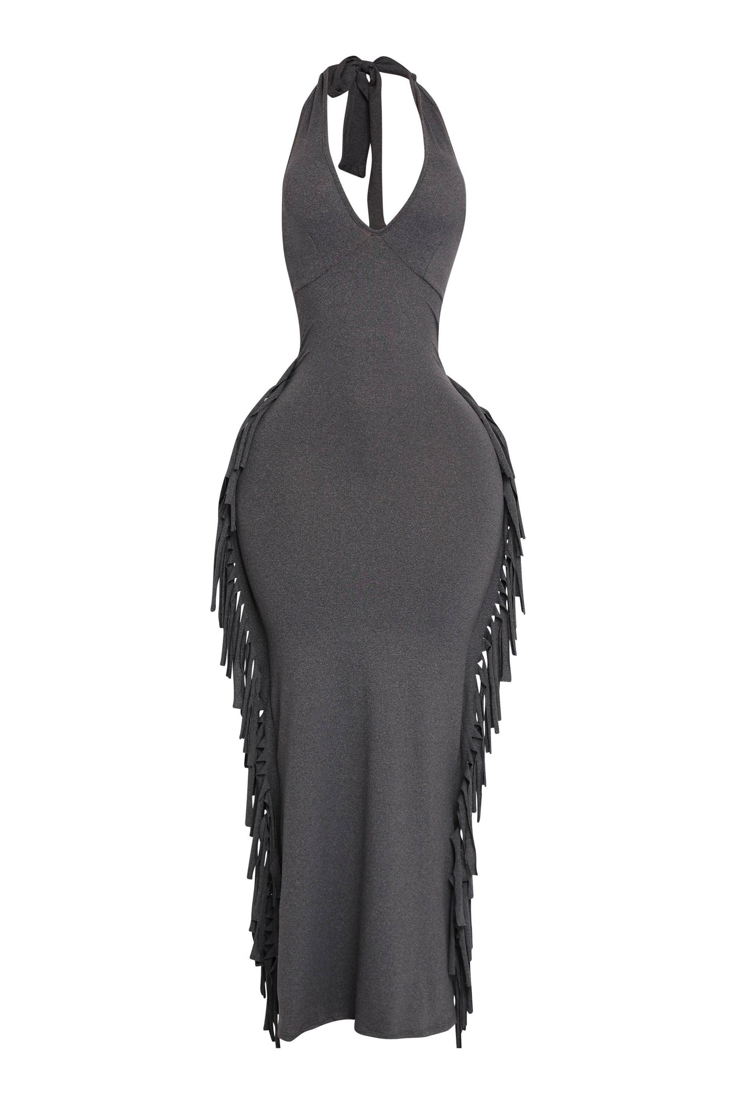 Women's Halter Neck Bodycon Maxi Dress with Side Fringe Detail, Olive Green