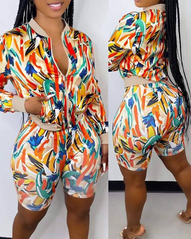 Women's Multicolored Abstract Print Two-Piece Set, Long Sleeve Zip-Up Jacket with Shorts, Casual Streetwear