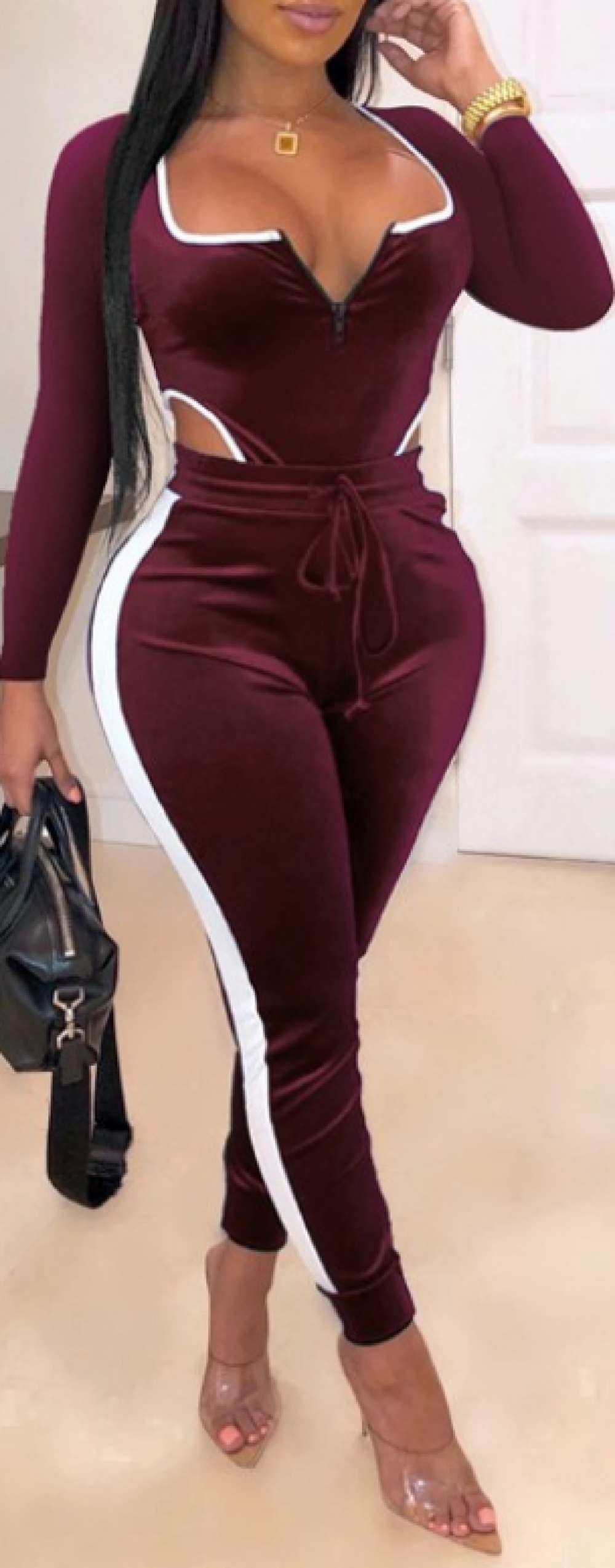 Women's Two-Tone Jumpsuit, Long Sleeve V-Neck, Black and White, Belted