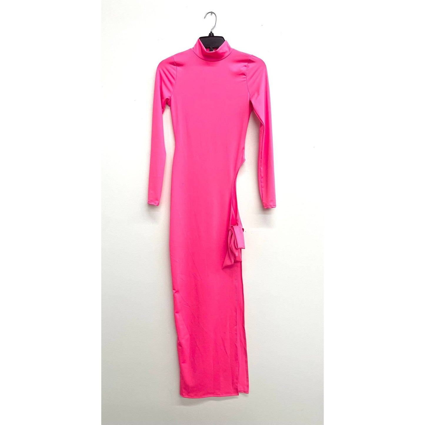 Long Sleeve Bodycon Dress, High Neck, Side Cut-Out with Tie Detail, Black