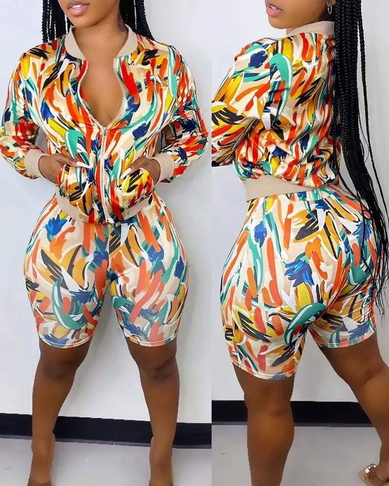 Women's Multicolored Abstract Print Two-Piece Set, Long Sleeve Zip-Up Jacket with Shorts, Casual Streetwear