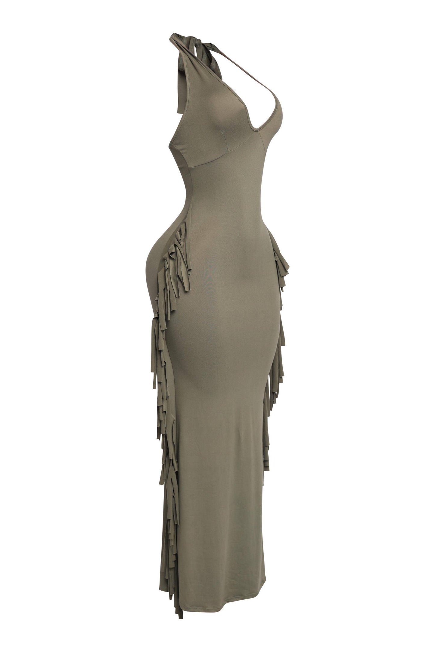 Women's Halter Neck Bodycon Maxi Dress with Side Fringe Detail, Olive Green
