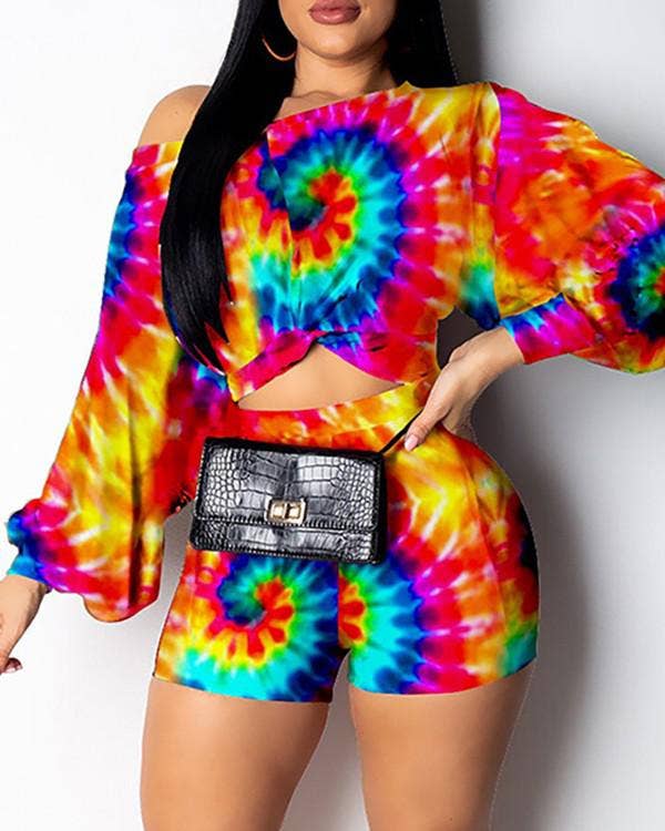 Tie Dye Two Piece Set, Long Sleeve Crop Top and Shorts, Rainbow Multicolor