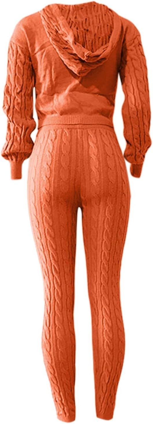 Women's Cable Knit Sweater and Pants Set, Orange, Long Sleeve Crop Top with High Waist Leggings