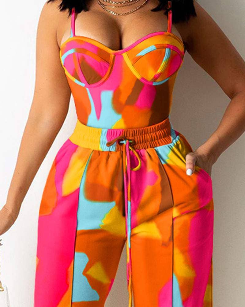 Women's Two-Piece Strapless Jumpsuit, Colorful Abstract Print, Wide Leg with Belt, Orange and Pink