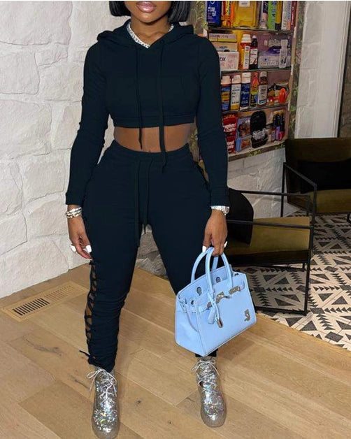 Crop Hoodie Grommet Eyelet Lace up Pants Set