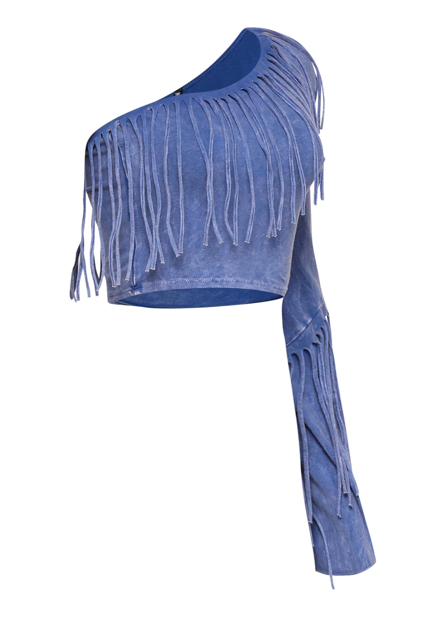 Women's One Shoulder Fringe Crop Top, Blue Suede, Long Sleeve