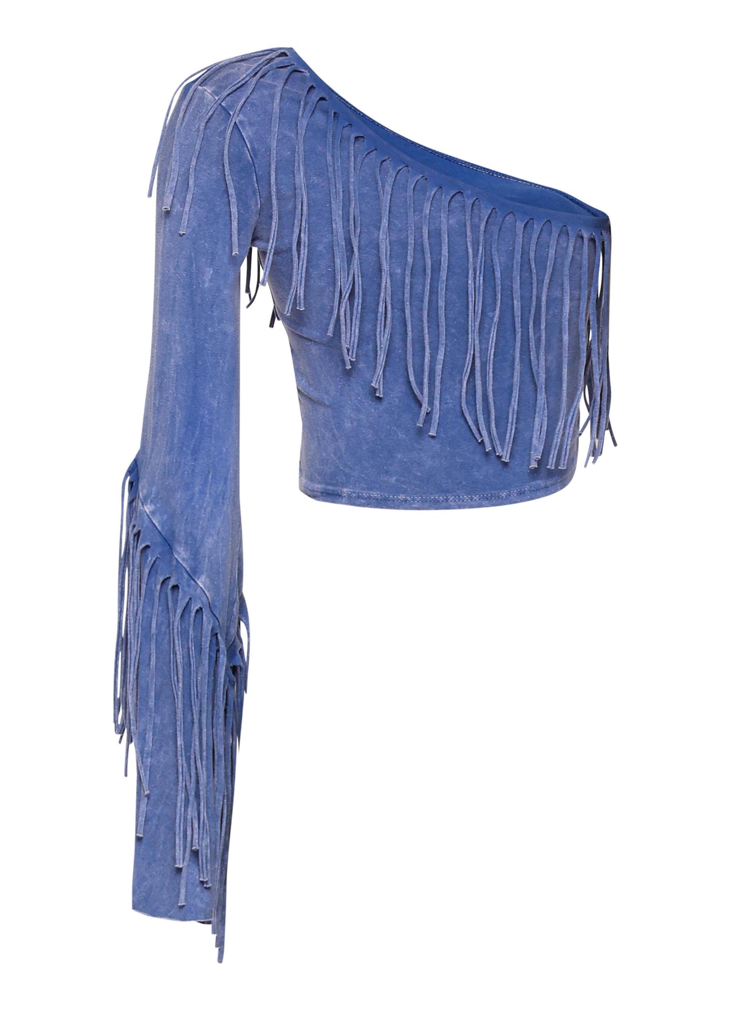 Women's One Shoulder Fringe Crop Top, Blue Suede, Long Sleeve