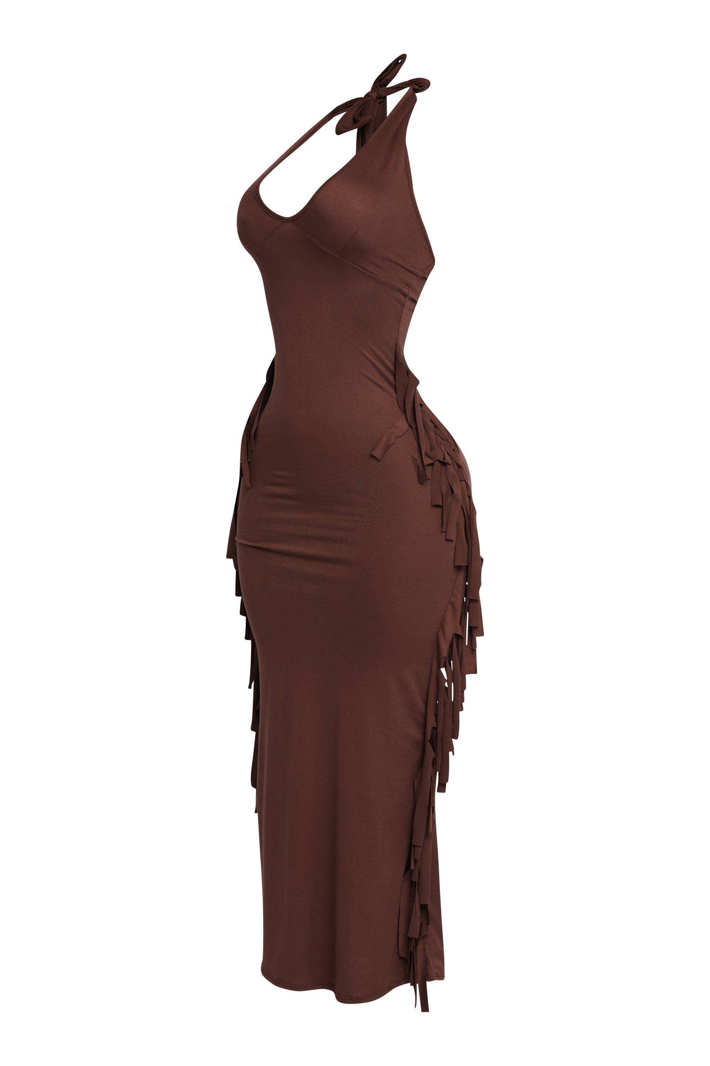 Women's Halter Neck Bodycon Maxi Dress with Side Fringe Detail, Olive Green