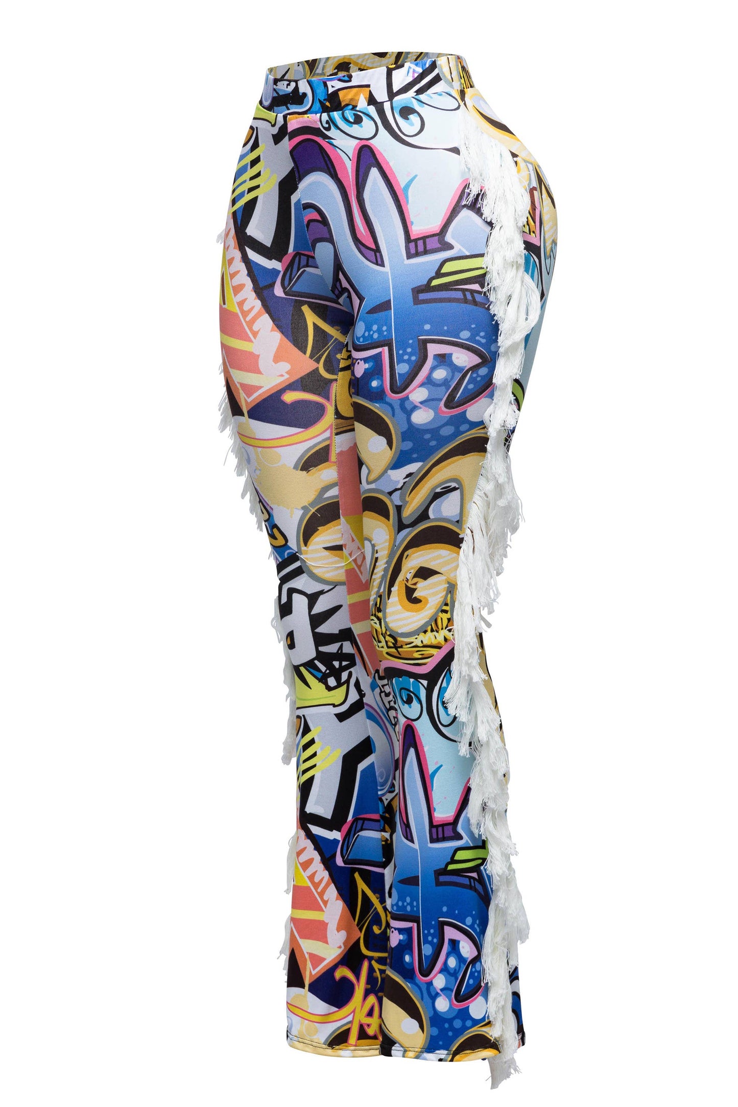 Women's Graffiti Print Leggings with White Fringe Detail, High Waist Street Style Dance Pants