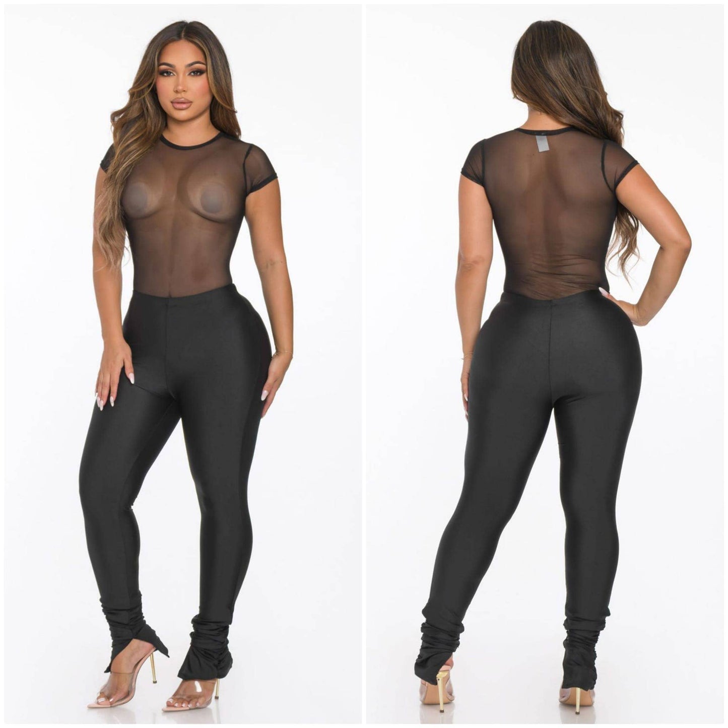Women's Sheer Mesh Short Sleeve Bodysuit, Black