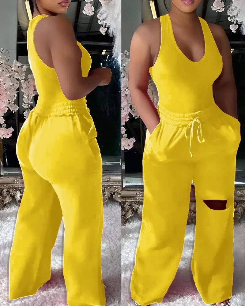 Women's Yellow Two-Piece Set, Tank Top and Wide-Leg Pants with Knee Cutout, Stretchy Cotton Blend