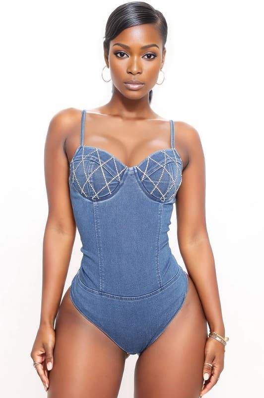 Rhinestone Denim Bodysuit with Geometric Stitching, Sweetheart Neckline, Spaghetti Straps, Medium Wash