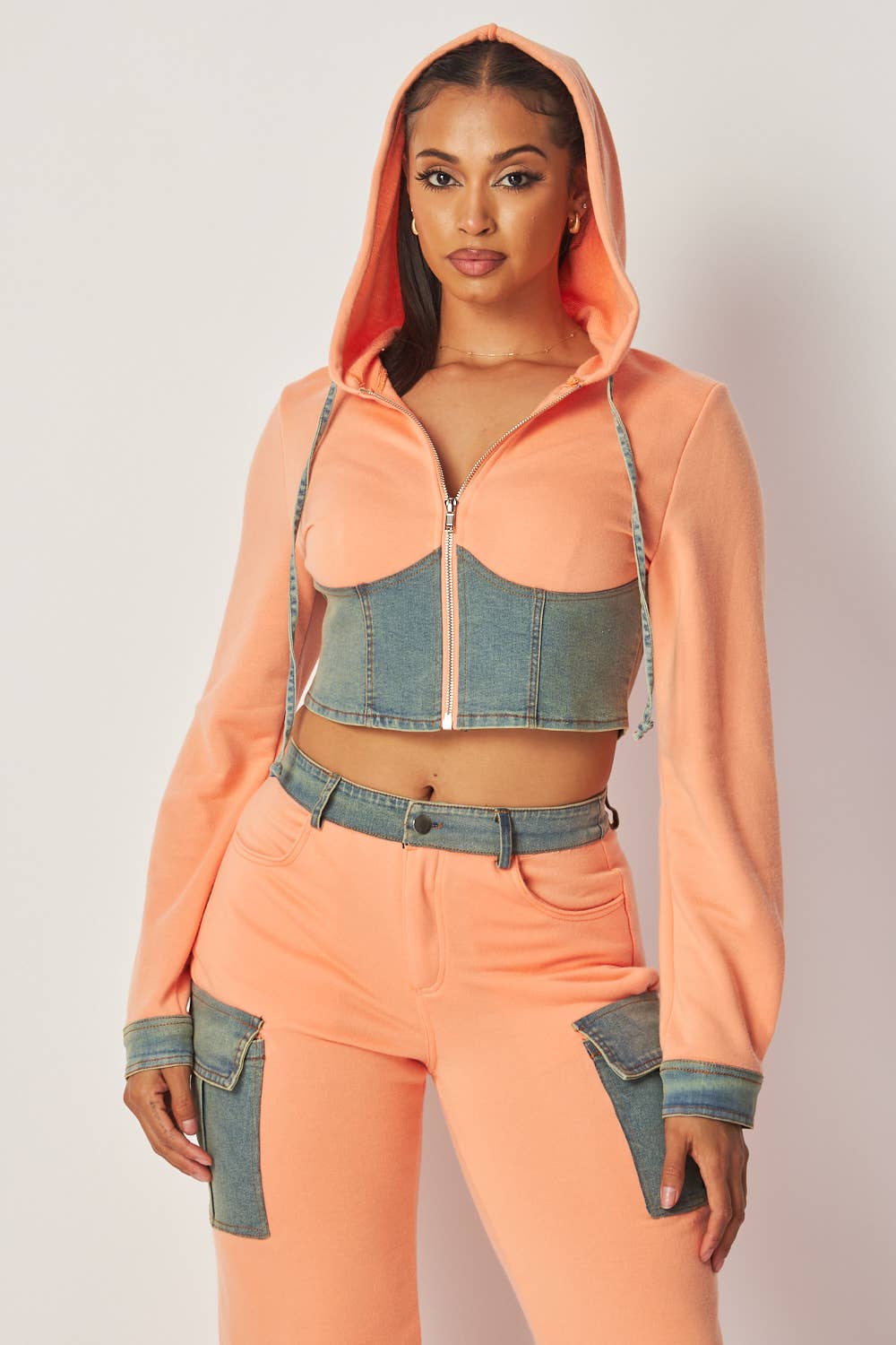 Women's Two-Piece Denim Accent Tracksuit, Peach Crop Hoodie and Cargo Pants Set