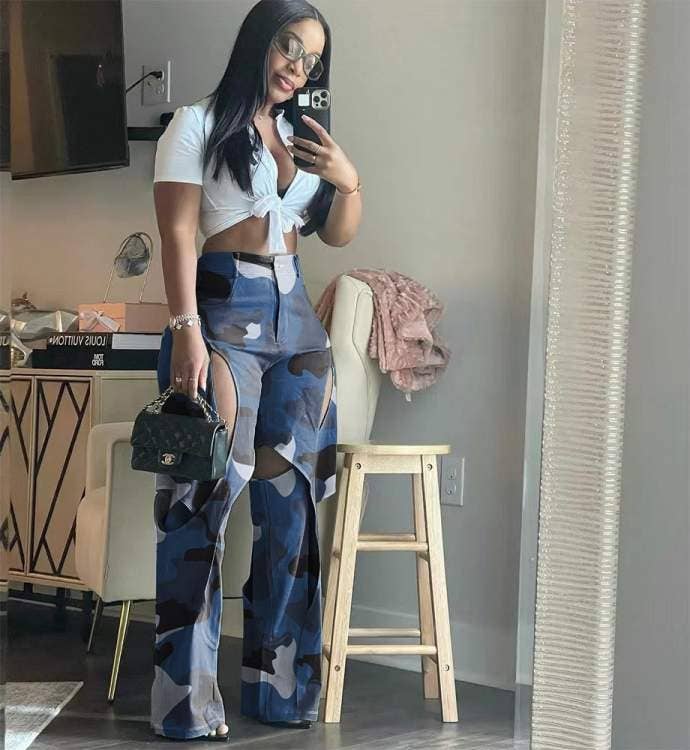 Women's Casual Two-Piece Outfit, White Crop Top with Red Camo Wide Leg Pants Set