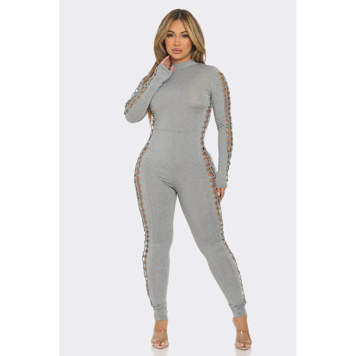 Women's Mock Neck Long Sleeve Jumpsuit, Leopard Side Panel, Gray