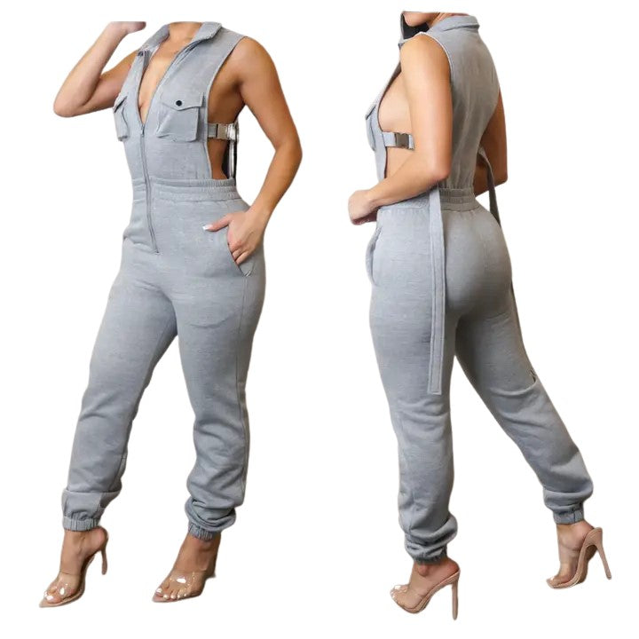 Women's Sleeveless Utility Jumpsuit, Zip Front, Cargo Pockets, Khaki