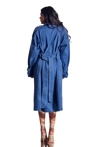 Long Denim Trench Coat with Faux Fur Collar, Blue, Full Length