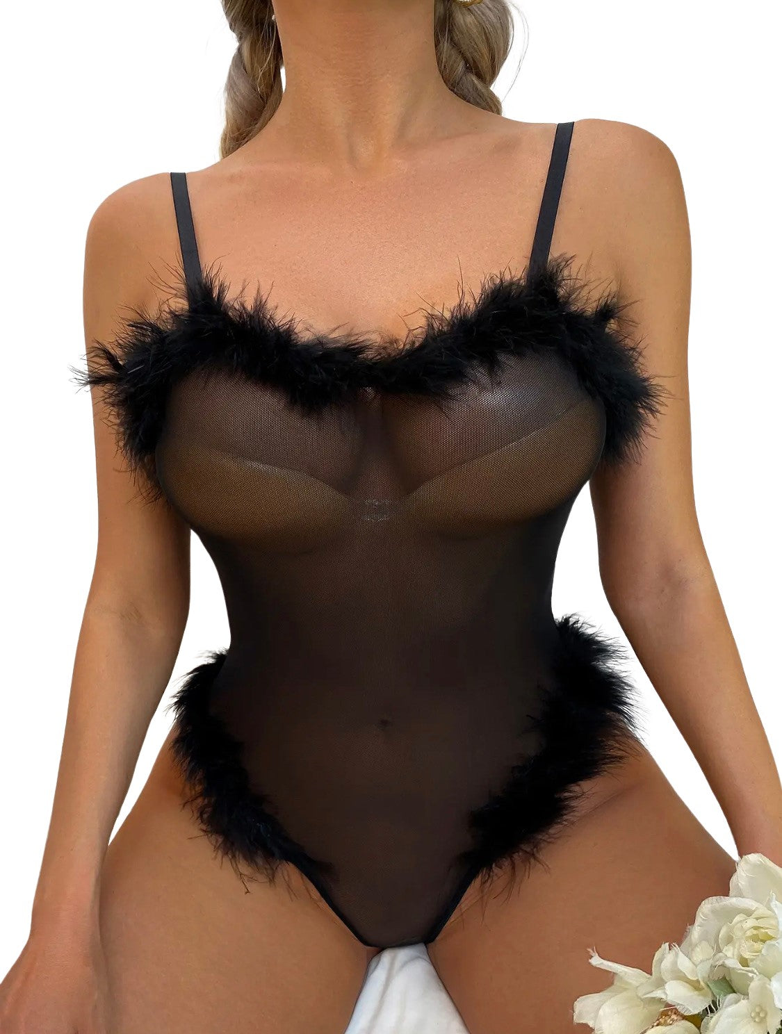 Sheer Mesh Bodysuit with Feather Trim, Black, One-Piece Lingerie