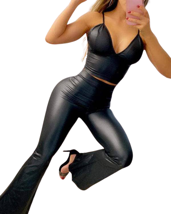 Women's 2-Piece Workout Set, Faux Leather Crop Top and High Waist Leggings, Black