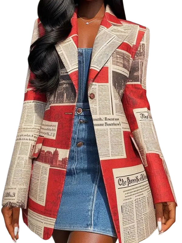 Women's Vintage Newspaper Print Blazer Jacket, Red and White, Long Sleeve Button Front, Casual Business Style