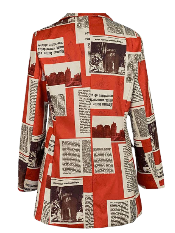 Women's Vintage Newspaper Print Blazer Jacket, Red and White, Long Sleeve Button Front, Casual Business Style