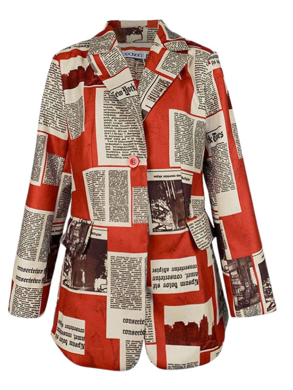 Women's Vintage Newspaper Print Blazer Jacket, Red and White, Long Sleeve Button Front, Casual Business Style