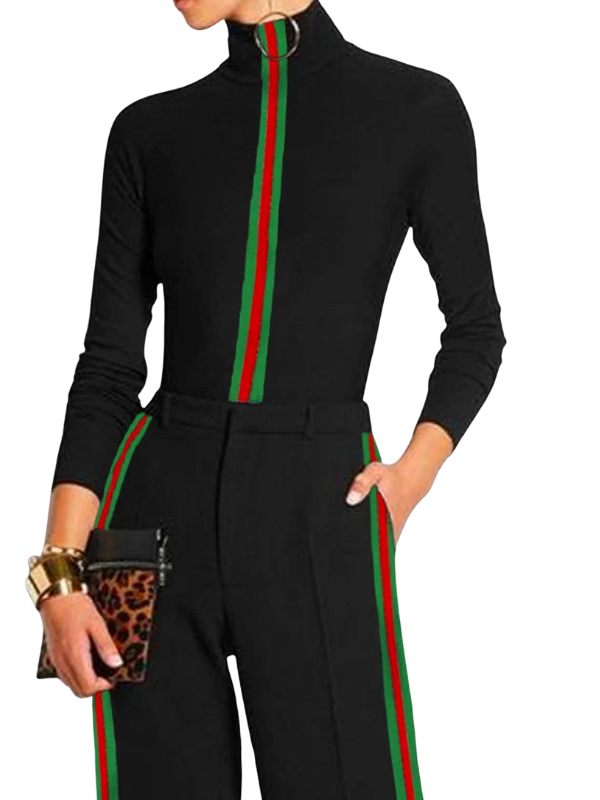 Women's Elegant Black two piece with Red Green Striped Trim, Long Sleeve, High Neck, Wide Leg, Casual Party Wear