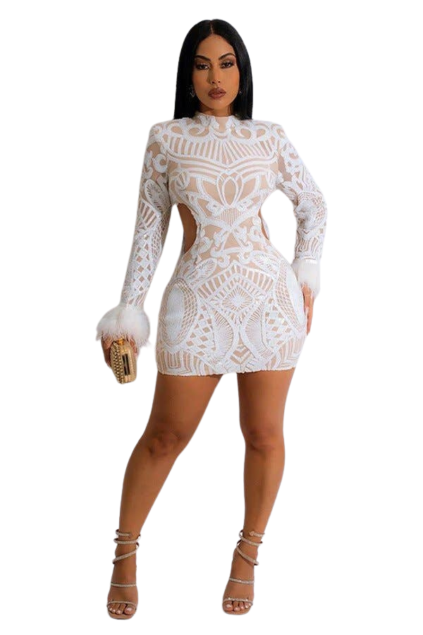 Sexy Perspective Sequin Figure Showing Dress Bag Hip Long