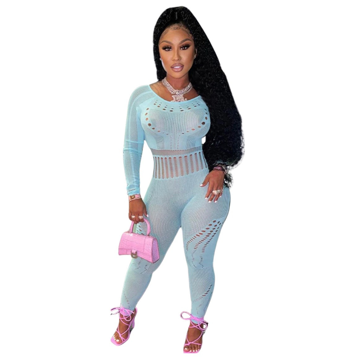 Women's Ribbed Knit Long Sleeve Jumpsuit, Light Blue, Cutout Design with Sheer Mesh Detail