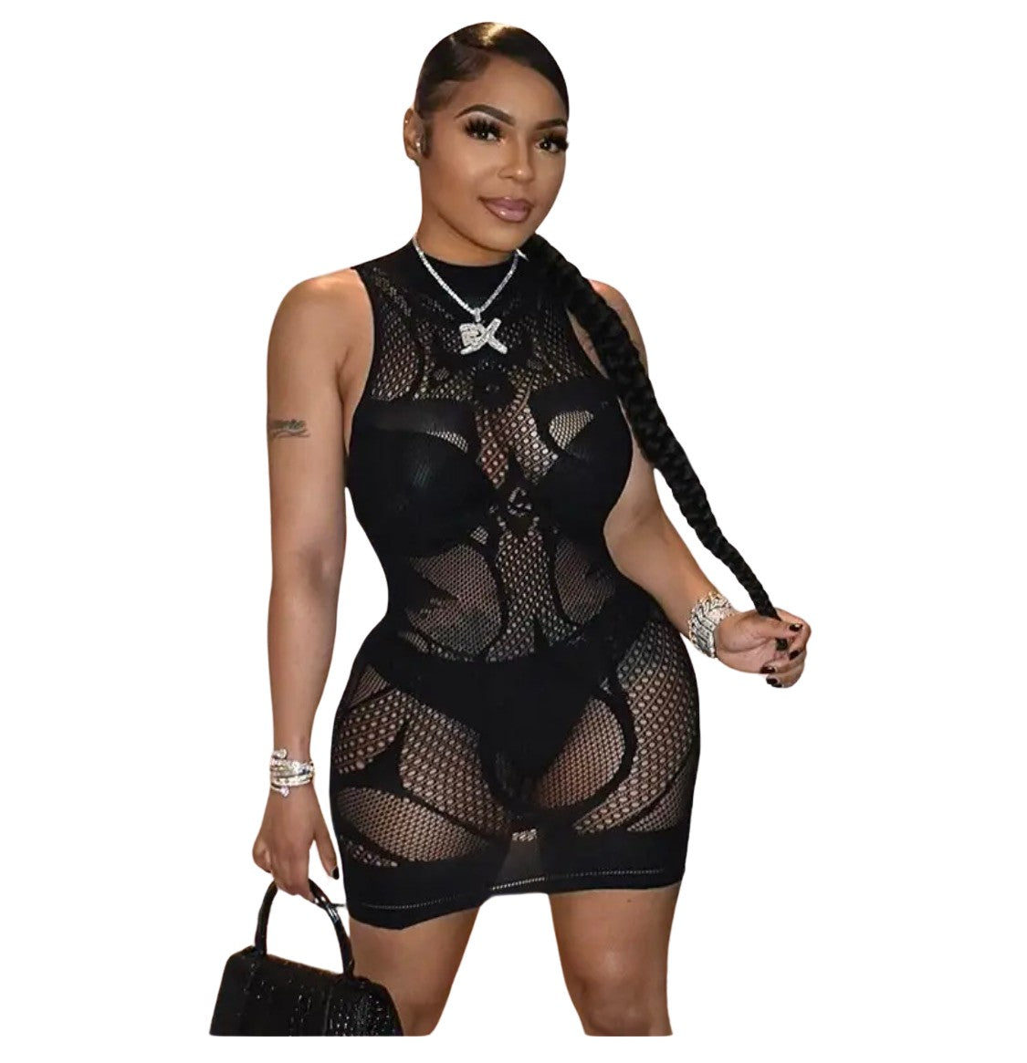 Women's Sleeveless Mesh Bodycon Mini Dress, Black Lace Pattern, Club Party Wear