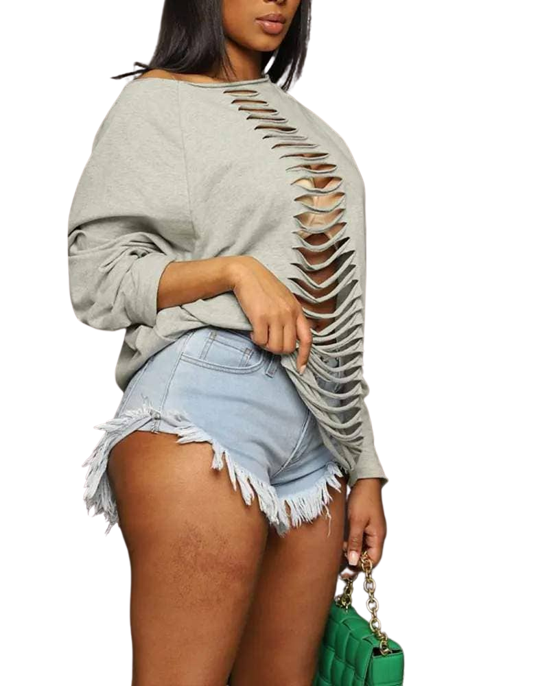 Women's Distressed Long Sleeve Sweatshirt, Ripped Design, Gray