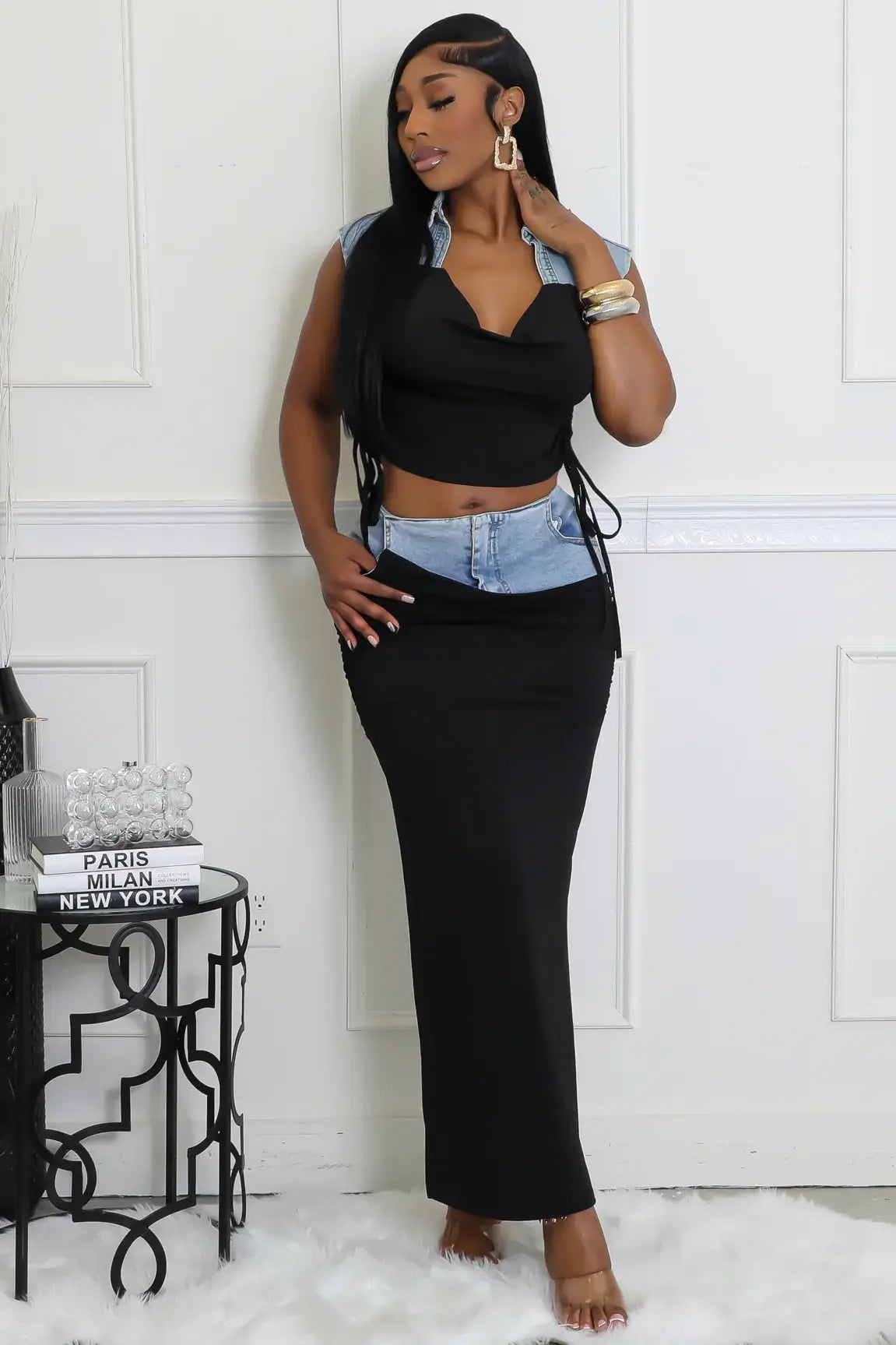 Women's Two-Piece Denim Accent Outfit, Black Crop Top and Maxi Skirt Set