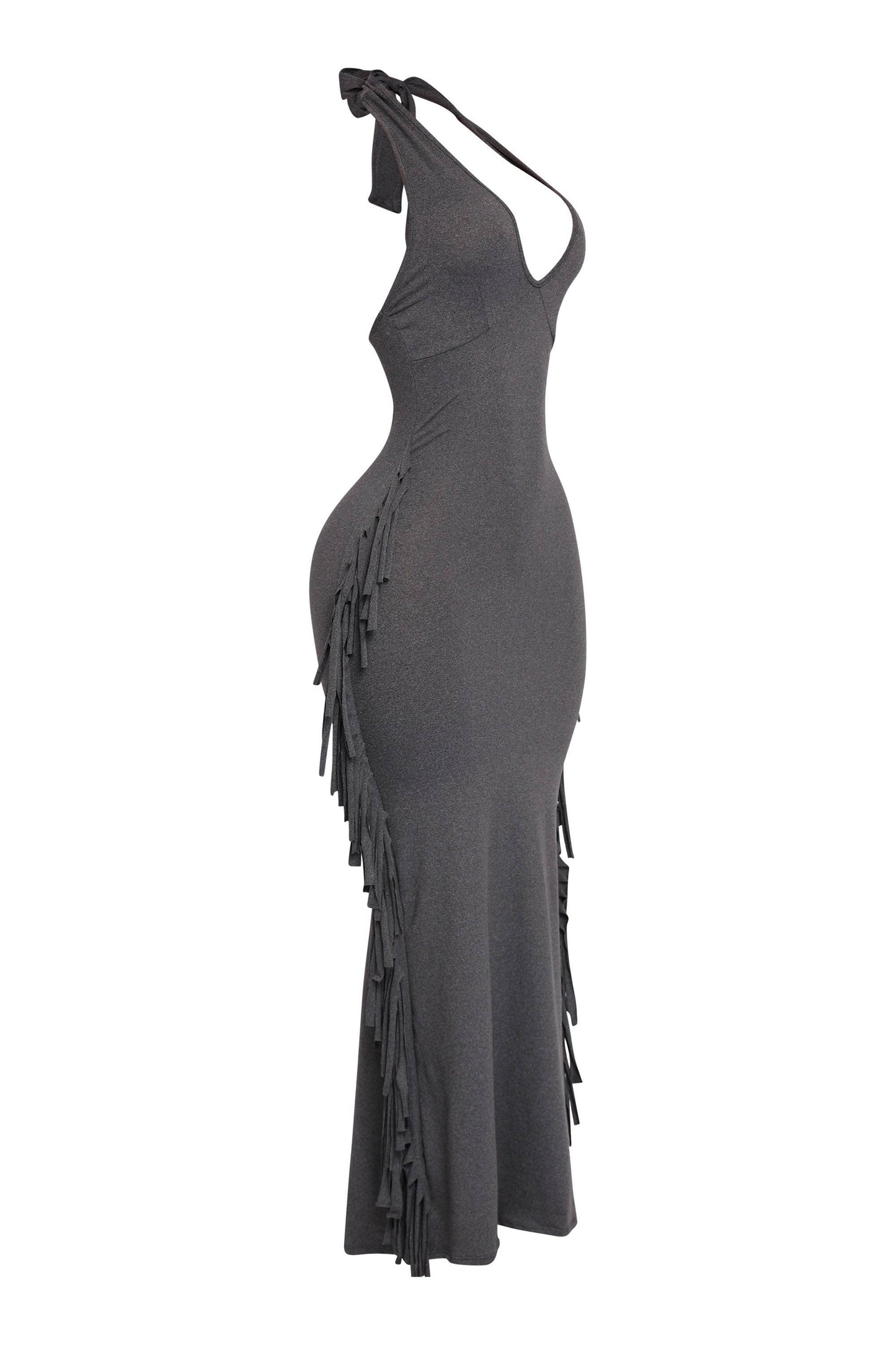 Women's Halter Neck Bodycon Maxi Dress with Side Fringe Detail, Olive Green