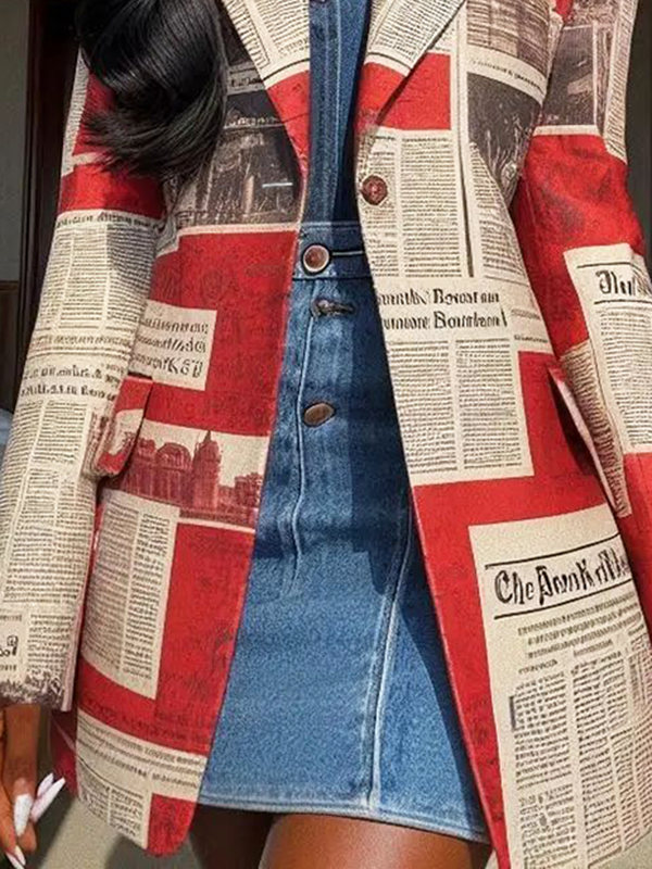 Women's Vintage Newspaper Print Blazer Jacket, Red and White, Long Sleeve Button Front, Casual Business Style
