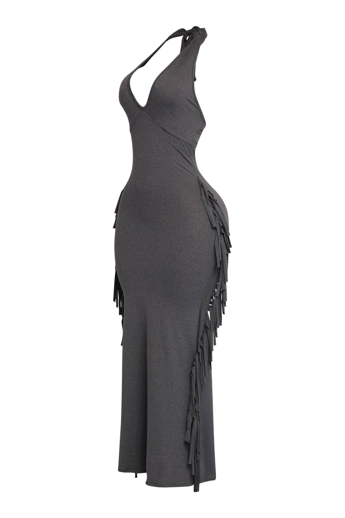 Women's Halter Neck Bodycon Maxi Dress with Side Fringe Detail, Olive Green