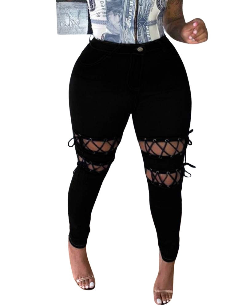 Women's Black Skinny Jeans with Lace-Up Knee Details, High Waist, Stretchy Fit