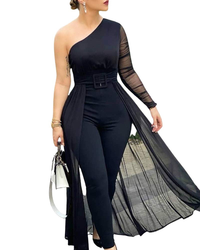 Women's One Shoulder Jumpsuit with Mesh Sleeve, Belted Waist, Long Overlay, Black