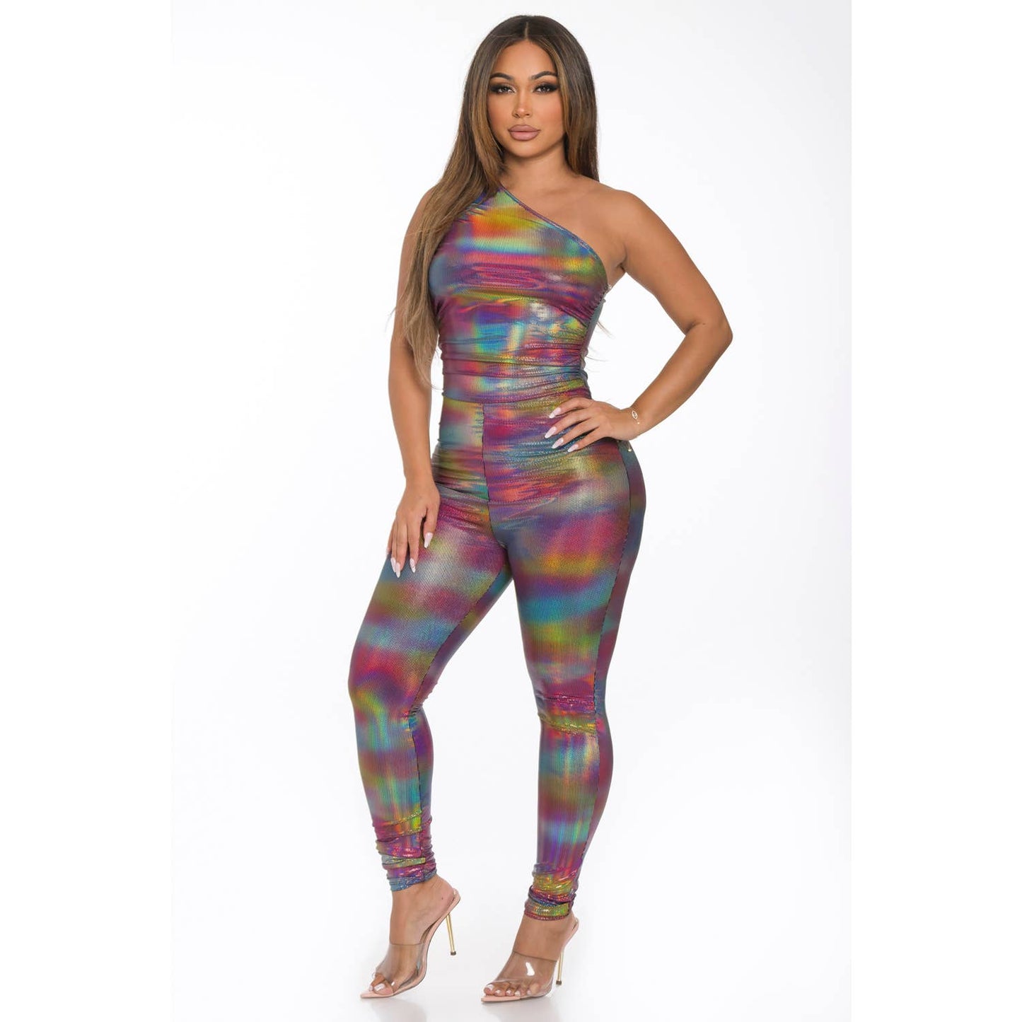 One Shoulder Tie Dye Jumpsuit, Rainbow Colors, Form Fitting