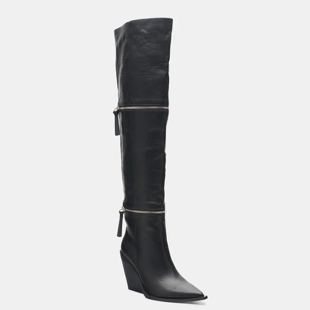 Women's Over-the-Knee Boots, Distressed Leather, Pointed Toe, Double Zipper Detail, Western Wedge Heel, Brown and Black