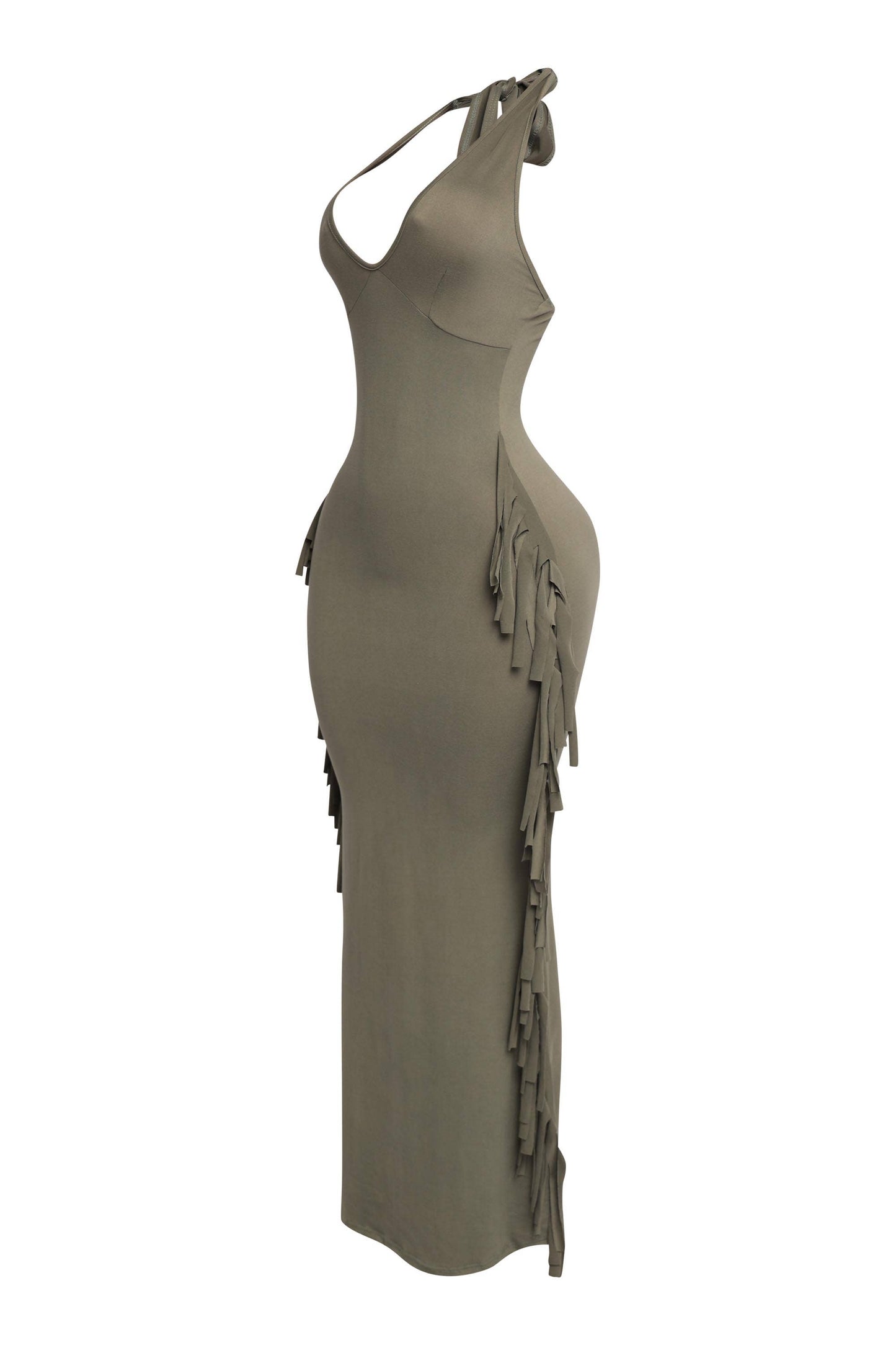 Women's Halter Neck Bodycon Maxi Dress with Side Fringe Detail, Olive Green