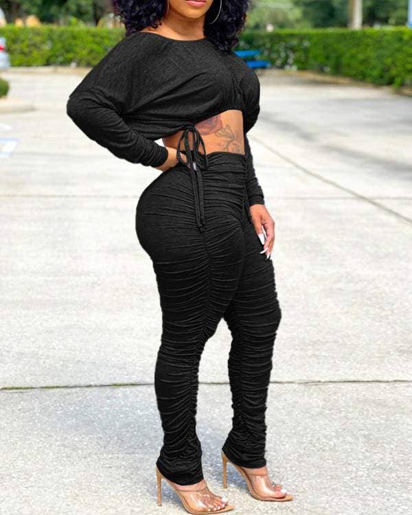 Women's 2 Piece Ruched Loungewear Set, Long Sleeve Crop Top and Stacked Pants