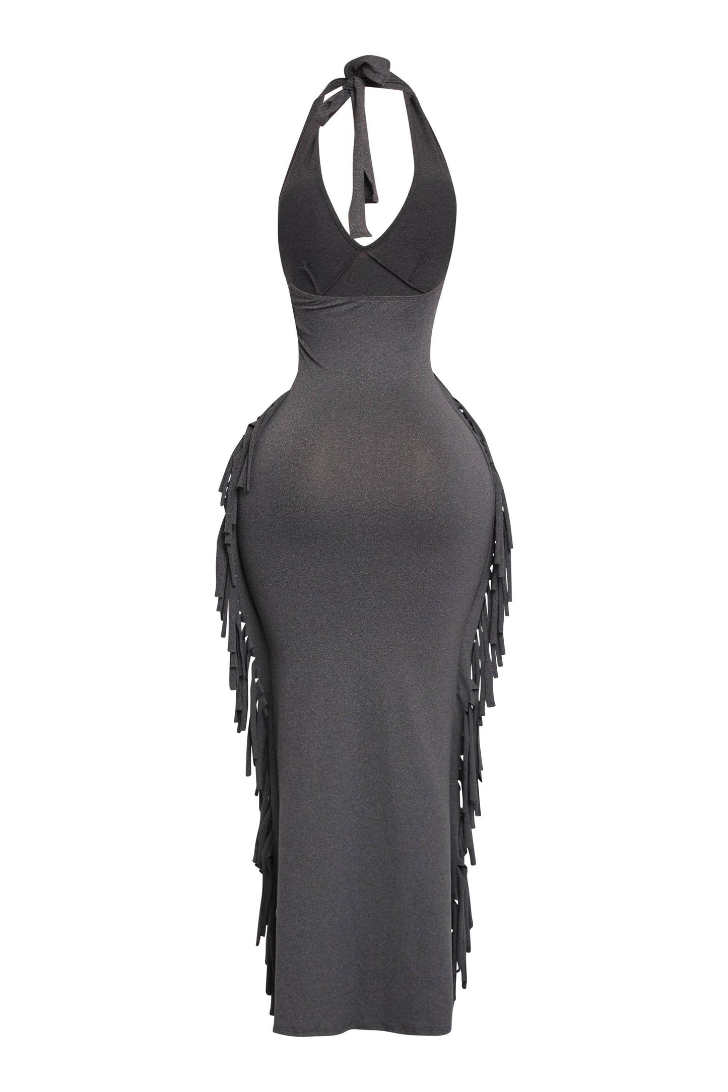 Women's Halter Neck Bodycon Maxi Dress with Side Fringe Detail, Olive Green
