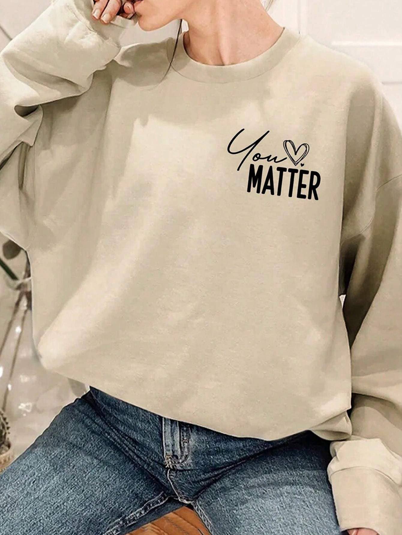 You Matter Heart Print Crewneck Sweatshirt, Black, Long Sleeve
