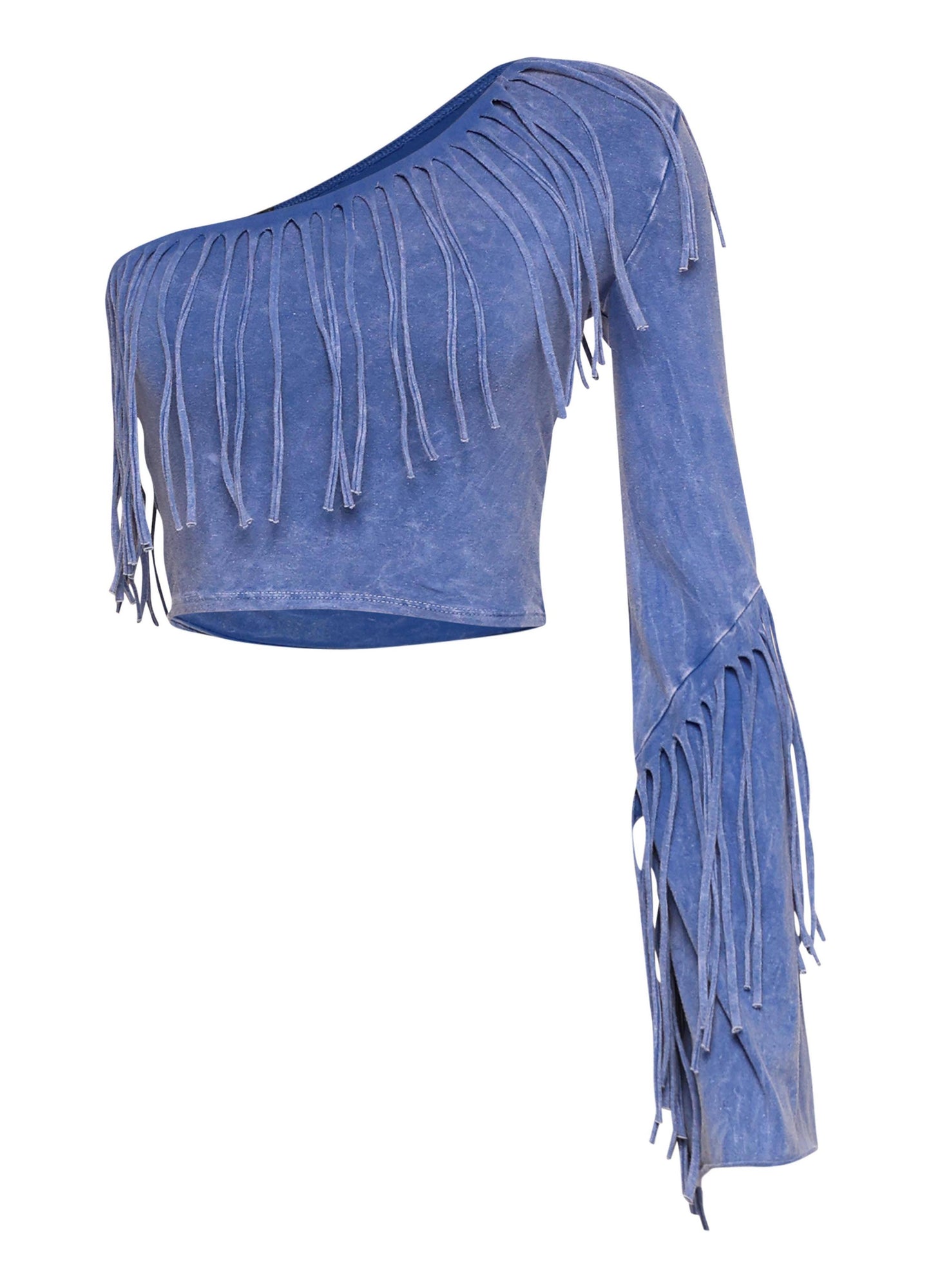 Women's One Shoulder Fringe Crop Top, Blue Suede, Long Sleeve