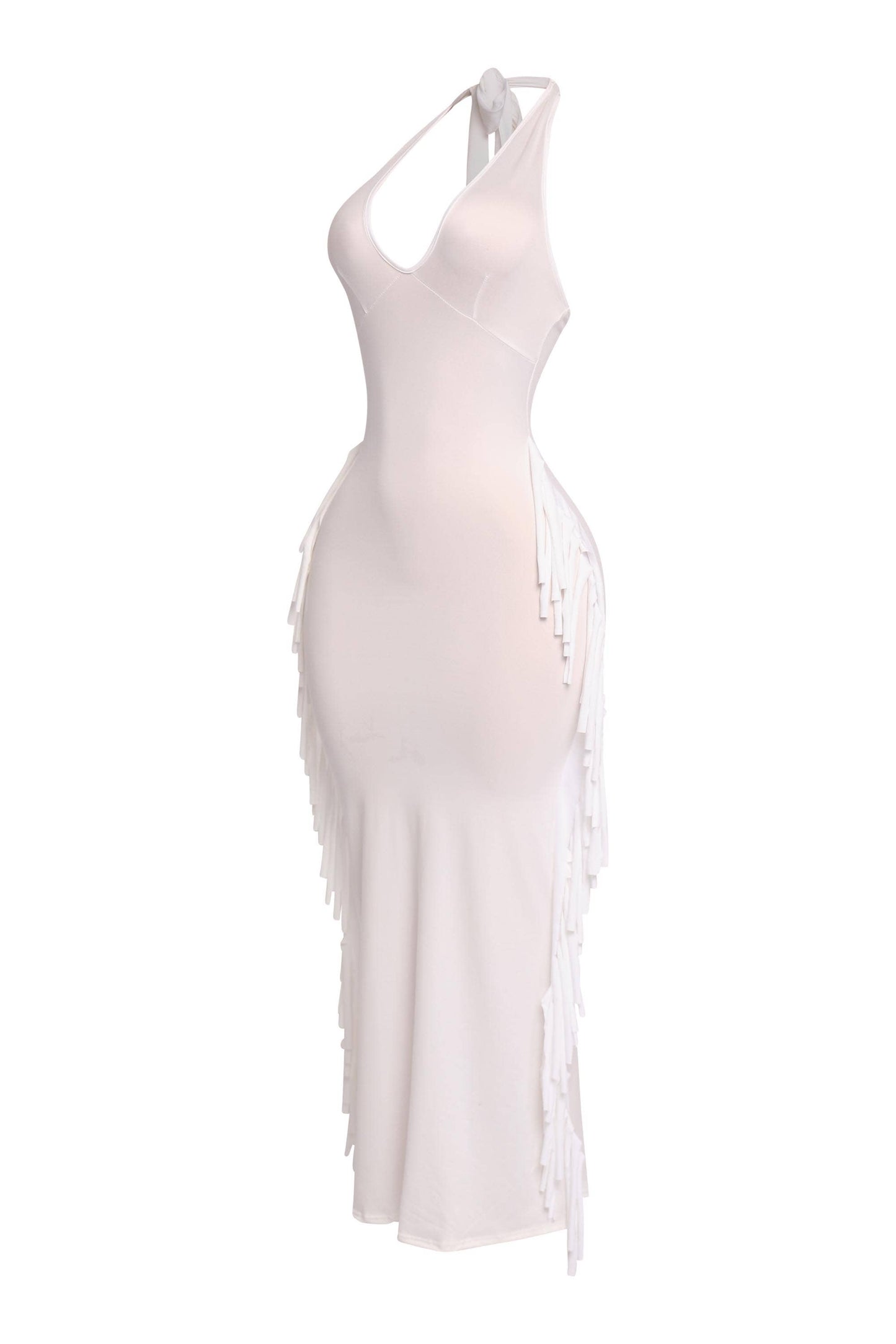 Women's Halter Neck Bodycon Maxi Dress with Side Fringe Detail, Olive Green