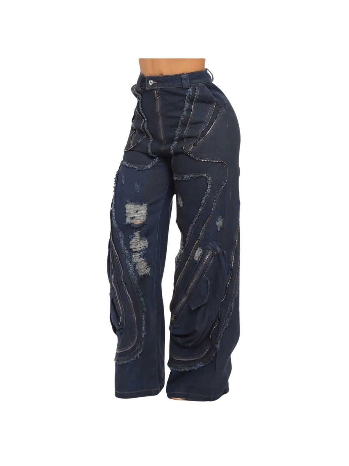 High Waist Wide Leg Jeans, Distressed Denim with Zipper Details, Dark Blue